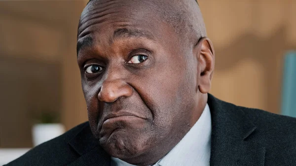 Extreme Closeup Old Wrinkled Emotional Businessman African American Scared Shocked — Stok fotoğraf
