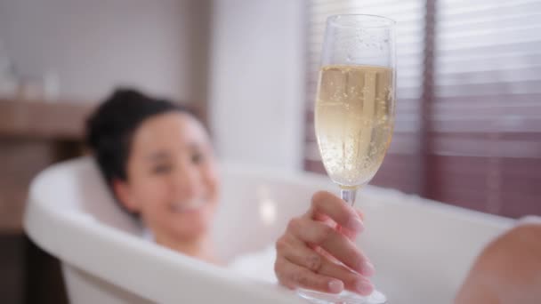 Out Focus Young Happy Relaxed Woman Lying Foam Bath Holding — Wideo stockowe