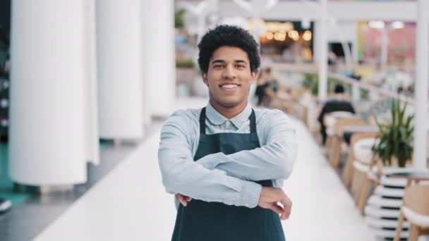 Confident African 30S Restaurant Worker Biracial Guy Strong Position Standing — Video