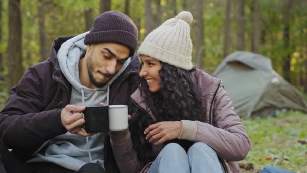Happy Married Couple Drinking Hot Drink Outdoors Autumn Forest Young — Stock videók