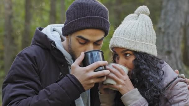 Young Happy Hispanic Couple Love Close Standing Hugging Outdoors Cold — Video Stock