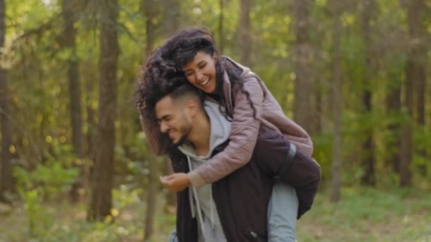 Attractive Playful Girl Fooling Playing Hair Hugging Guy Shoulders Boyfriend — Stock videók