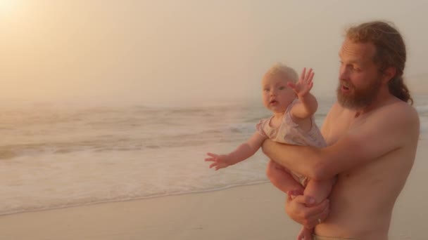 Caucasian Smiling Family Father Carrying Holding Little Baby Infant Small — Video