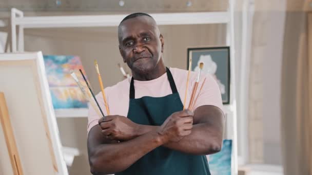 Portrait African Male Artist Holding Brush Drawing Happy Old 50S — Video