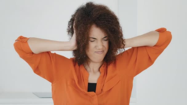 Unhappy Stressed African American Woman Curly Hair Covers Ears Hands — Αρχείο Βίντεο