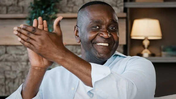 Elderly Male Portrait African American Brunette Man Wrinkles Smiling Congratulating — Stockfoto