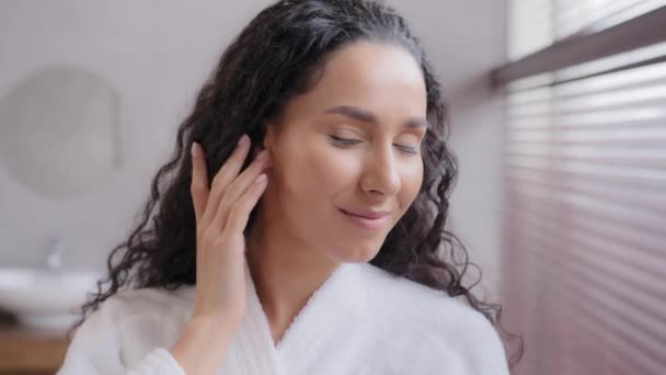 Headshot Young Happy Attractive Young Curly Woman Bathrobe Bathroom Touching — Vídeo de stock