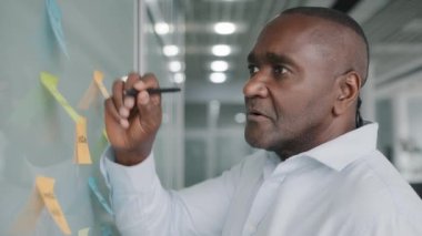 Creative senior african business man write tasks on colorful stickers put reminders sticky papers at note wallboard organize corporate work to-do list brainstorming thinking developing strategy plan