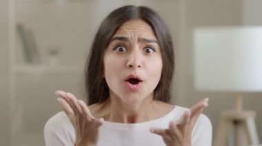 Portrait angry dissatisfied woman arabian hispanic girl expressing annoyance irritation sternly waving hands disagree with feminine discrimination nervous talking at camera make prohibition no gesture