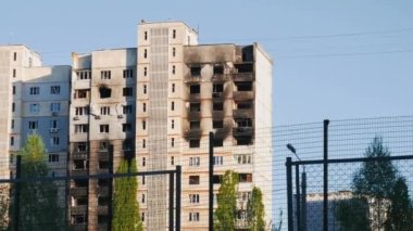 Kharkiv, Kharkov, Ukraine - 05.07.2022: destroyed buildings burnt skyscraper horror war civilian apartments ruins destroyed houses after missile attack bomb shelling ruined city Russian invasion. High