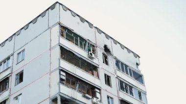 Kharkiv, Kharkov, Ukraine - 05.07.2022: burnt destroyed civilian houses crush windows after bombing rocket strike shelling russian aggression terrorists war with Ukrainian people city destruction