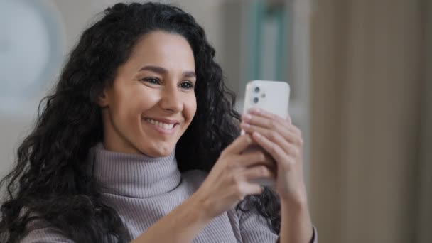 Close Portrait Young Happy Hispanic Woman Holding Phone Browsing Social — Stockvideo