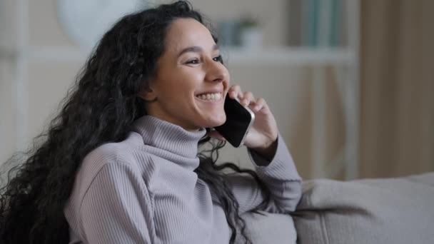 Portrait Joyful Young Woman Resting Home Talking Telephone Excited Hispanic — Stok Video