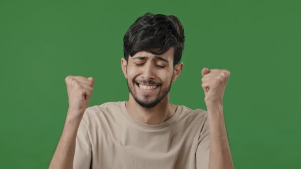 Happy Surprised Hispanic Man Looking Camera Rejoice Victory Luck Feel — Video Stock