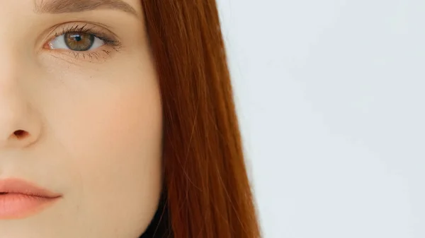 Close Female Portrait Red Haired Sad Caucasian Woman Half Face — Stok fotoğraf