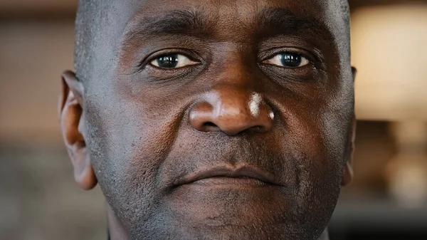 Close Portrait African Man Concentrated Human Male Wrinkled Stubbly Face — 图库照片