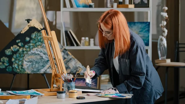 Inspired Busy Focused Redhead Girl Artist Woman Painter Art Studio — Photo
