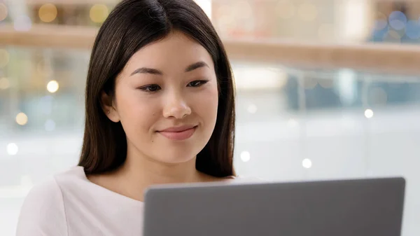 Portrait Asian Female Face Looking Laptop Satisfied Girl Woman Freelancer — Stockfoto