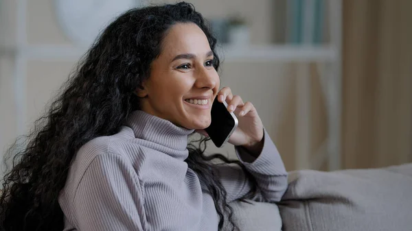 Portrait Joyful Young Woman Resting Home Talking Telephone Excited Hispanic — Stockfoto