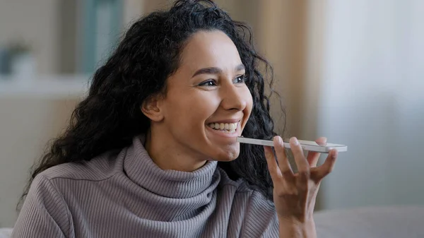 Close Smiling Happy Young Woman Talk Speakerphone Record Audio Message — Stock Photo, Image