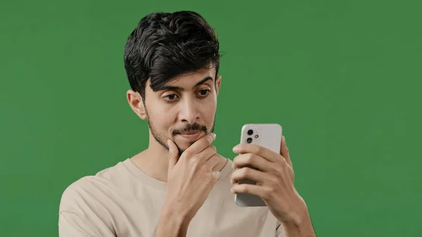 Portrait Close Arabian Young Man Studio Green Background Holding Phone — 스톡 사진
