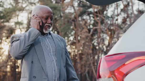 Ώριμος Αφροαμερικάνος Επιχειρηματίας Στέκεται Κοντά Στο Αυτοκίνητο Μιλάμε Στο Τηλέφωνο — Αρχείο Βίντεο