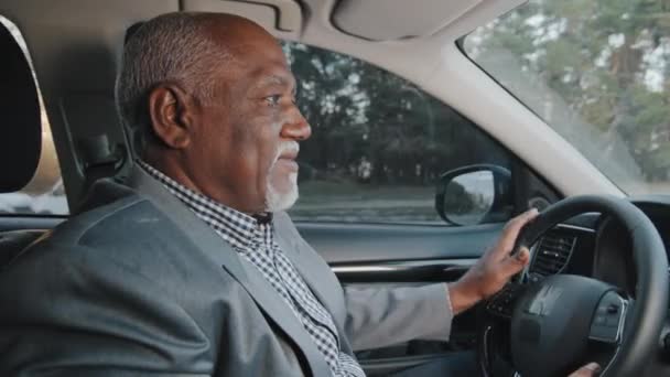 成熟したアフリカ系アメリカ人の幸せな男性ドライバーは 車輪の後ろに座っています自動車の笑顔は快適な乗り心地を楽しんでいますビジネスマンは良い購入で新しい車の試乗喜びを購入します旅行に行きます — ストック動画