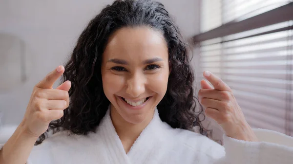 Headshot Young Happy Attractive Young Curly Woman Bathrobe Bathroom Touching — Stockfoto