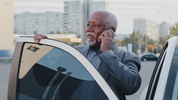 Maduro Africano Americano Empresário Livre Perto Carro Falando Telefone Atender — Vídeo de Stock