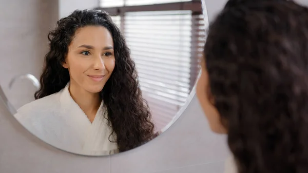 Close Serious Pensive Young Hispanic Woman Looking Mirror Bathroom Contemplating — Stock Photo, Image