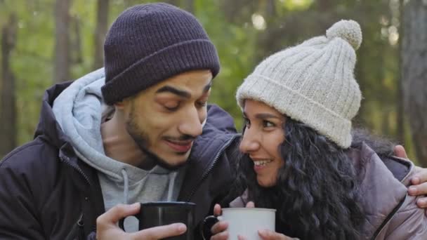 Close Funny Cute Couple Love Hikers Stand Hugging Autumn Forest — Video