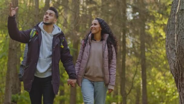 Happy Couple Love Hikers Travel Backpacks Walk Forest Holding Hands — Vídeo de Stock