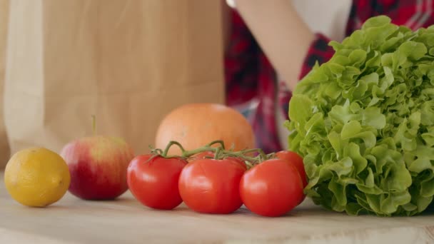Close Female Hands Takes Purchases Refresh Nutriment Products Bags Grocery — Vídeo de Stock