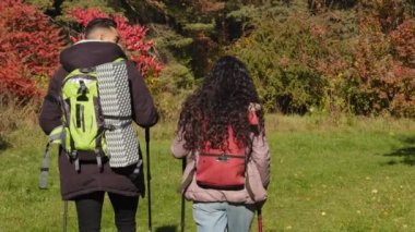 View back young active couple hikers travel in forest with backpacks enjoy Nordic walking outdoors tourists exploring area looking for right way paves route enjoying colorful scenery rest in nature