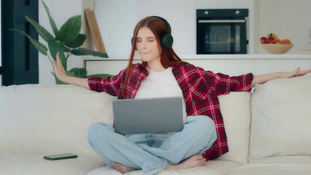 Young Carefree Girl Laptop Lotus Pose Listens Loud Favorite Music — Stockvideo
