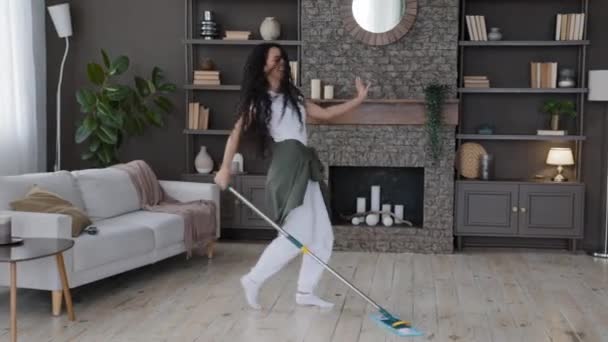 Active Joyful Young Woman Housewife Washes Floor Mop Living Room — Stock Video