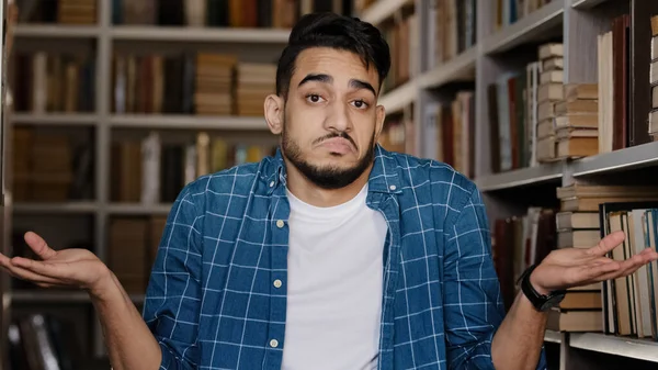 Close Young Upset Man Standing Indoors University Library Hispanic Student — Stockfoto