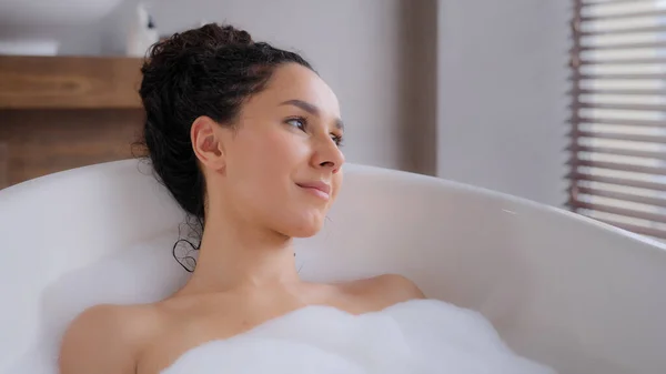 Close Young Attractive Relaxed Woman Lying Hot Foam Bath Eyes — Stock Photo, Image