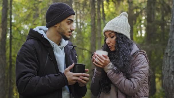 Young Happy Couple Standing Autumn Forest Relaxing Drinking Hot Tea — Stock videók