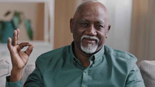 Close Smiling African American Mature Man Portrait Pleased Pensioner Male – Stock-video