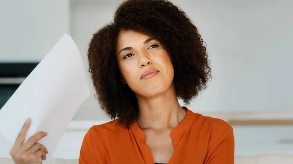 Portrait African American Pensive Woman Curly Hair Feels High Degree — Foto Stock
