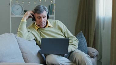 Older Caucasian male business entrepreneur man 60s senior agent mentor lawyer psychologist call service bank financial advisor online teacher in headset talk web conversation video call conference