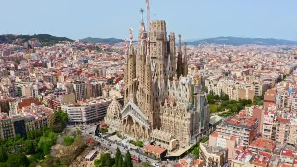 Panorama Aerial View Flying Drone Shot Famous Spanish City Barcelona — Vídeos de Stock