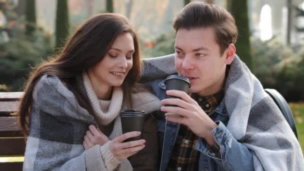 Joyful Couple Romantic Date Nature Park Covering Blanket Keep Warm — Video Stock