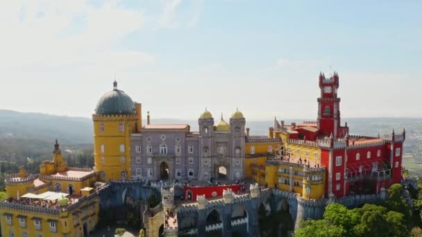 High Aerial View Pena Palace Portuguese Heritage Unesco Stronghold Historic — 图库视频影像