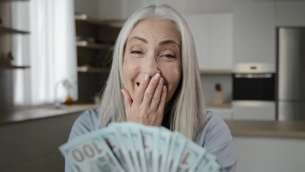 Happy Female Elderly Winner Old Grey Haired Mature Woman Caucasian — Stok video