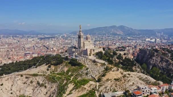 Marseille French City Port Town Aerial View Picturesque Hilltop Island — Video Stock