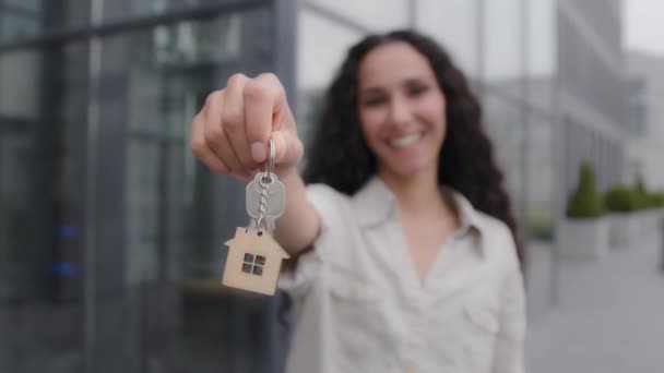Happy Smiling Woman Holding Keys Closeup Portrait Outdoors Female Realtor — Stok Video
