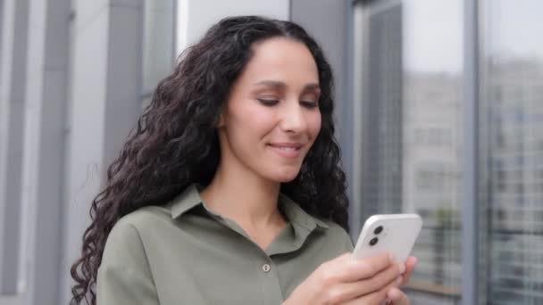 Happy Smiling Businesswoman 30S Woman Cheerful Girl Brunette Looking Phone — Wideo stockowe