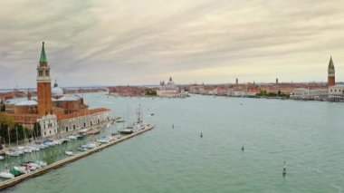 Aerial view large port seaworthy transport large wide pond nice view water large water canal in Venice old town in Italy exciting tourist boat trip interesting tour excursion bay historical attraction